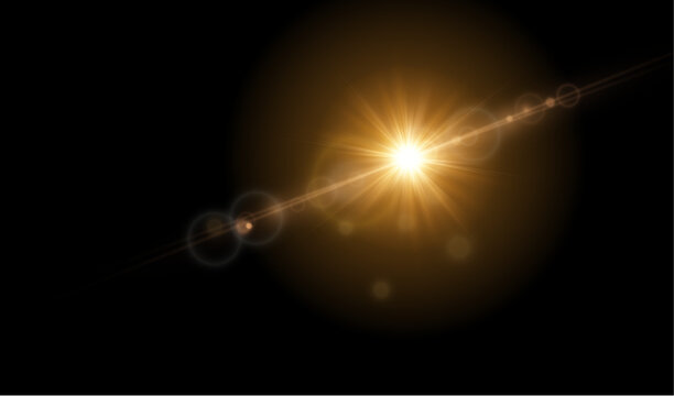 Bright golden sun flare effect with diagonal anamorphic light beam and bokeh isolated on black background