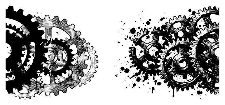 Mechanical gears and cogs with ink splatters in vintage industrial engraving style
