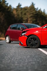 Naklejka premium Red hatchback front end damaged on rural highway during daytime