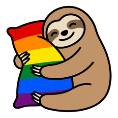 Fototapeta premium Sloth hugging rainbow pillow flat design vector illustration