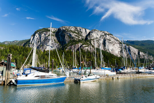 View of stawamus chief mountain from squamish marina in british columbia canada