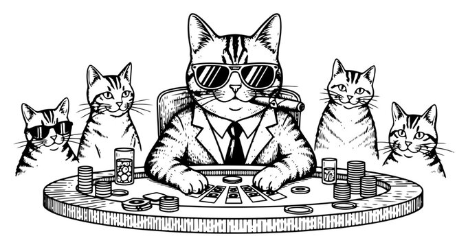 Group of cats playing poker at gambling table in black and white ink style