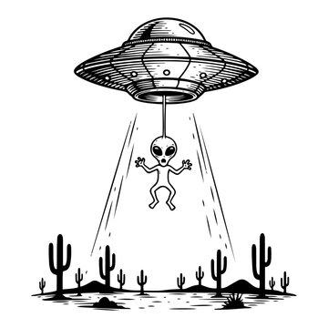 UFO flying saucer beaming up small alien in desert landscape engraving style