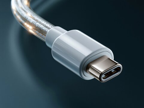 Close-up of a modern USB-C cable connector with braided wire detail