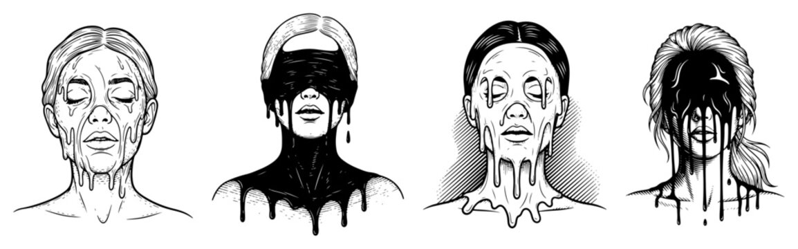 Woman face portraits with melting and dripping liquid over eyes in surreal engraving style