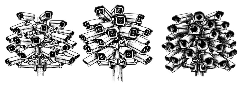 Multiple security cameras mounted on poles in dense clusters in dark engraving style
