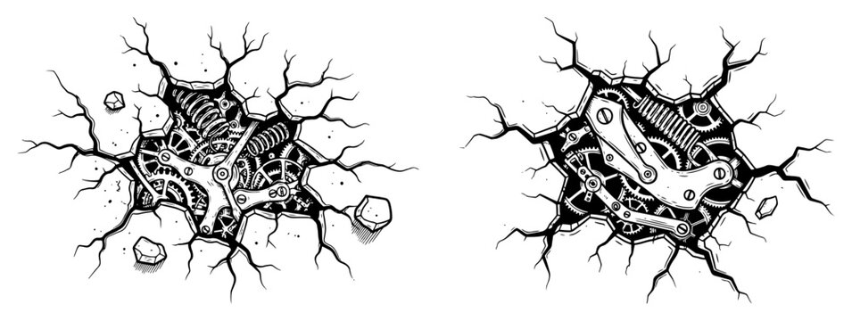 Mechanical clockwork gears visible through cracked surface in detailed engraving style