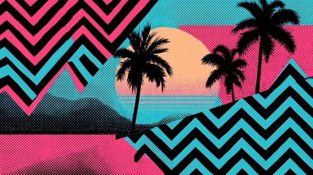 Abstract Retro Pattern With Palms And Zigzags