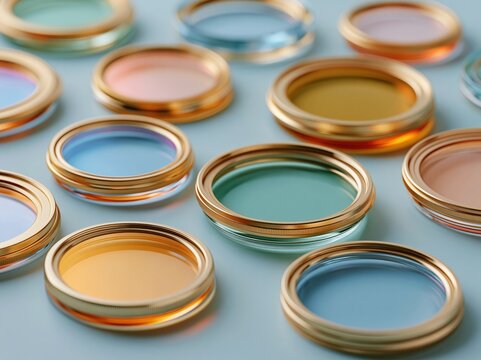 Collection of colorful glass filters with golden rims arranged on a light blue background