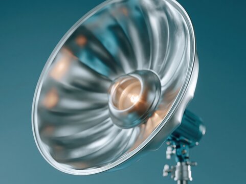 Professional studio strobe light with silver parabolic reflector and glowing bulb