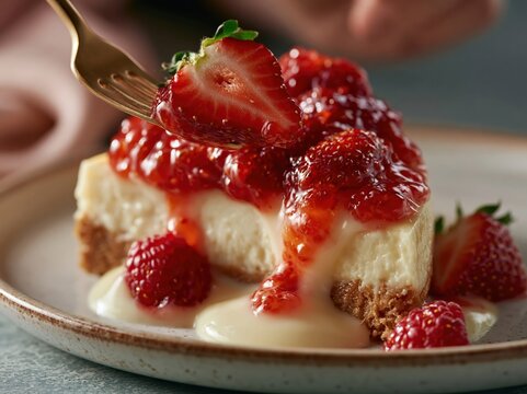 Delicious slice of cheesecake topped with fresh strawberries and sauce