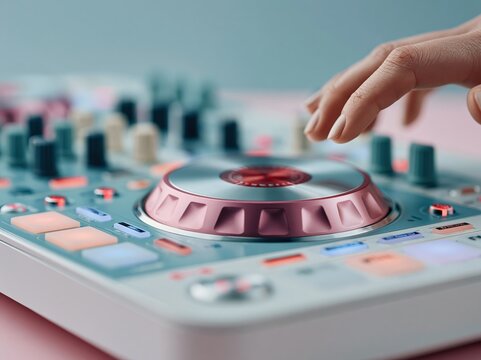 DJ mixing console with hand operating the jog wheel and illuminated buttons
