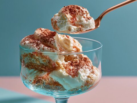 Delicious tiramisu dessert served in a glass with a spoon lifting a bite