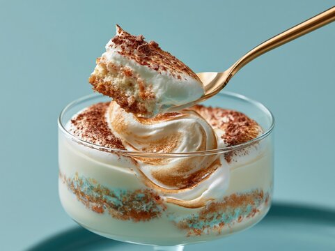 Close-up of a delicious dessert with whipped cream and chocolate shavings being scooped