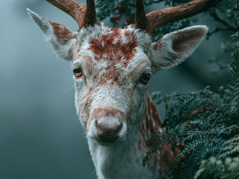 Close-up portrait of a spotted fallow deer with large antlers in a forest setting