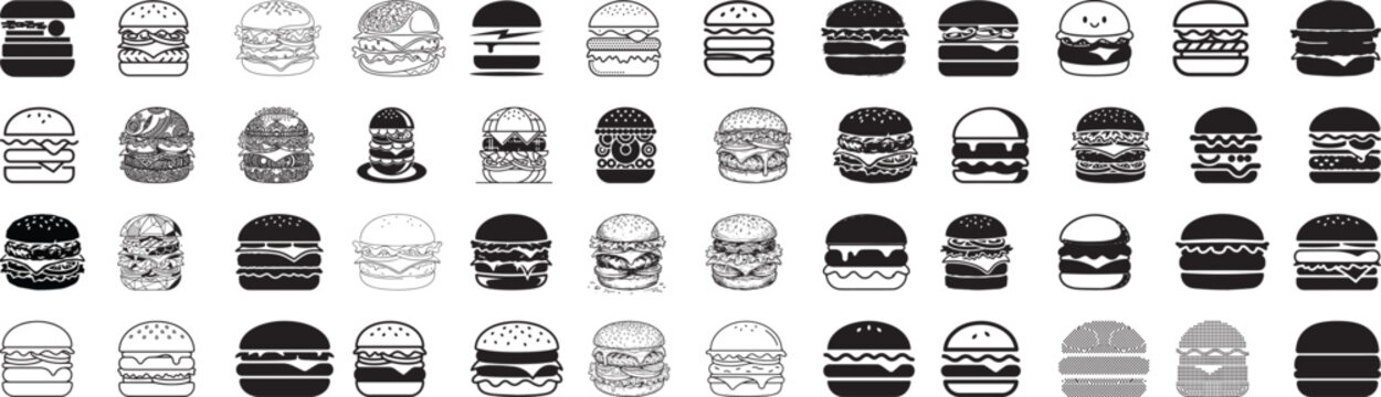 Burger icon vector set. Burger vector icon. Variations of a hamburger icon in outline, hand drawn illustration of burger for menu. double cheeseburger drawing