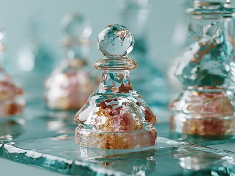 Elegant crystal chess pieces with gold leaf accents on a reflective surface