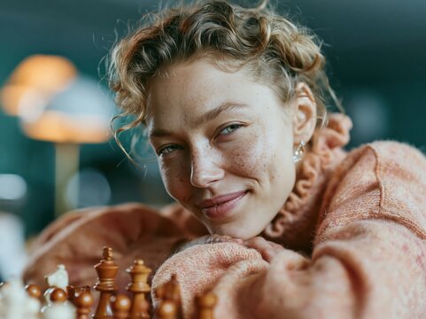 Young woman with freckles smiles while playing chess indoors