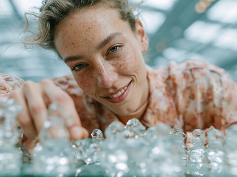 Young woman with freckles playing chess with glass pieces
