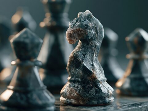 Close-up of a rough stone chess knight piece with other blurred pieces in background