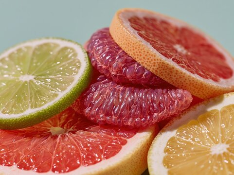 Close-up of juicy citrus fruit slices including grapefruit, lime, and lemon