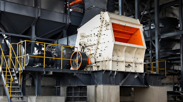 Massive industrial crushing machine actively processing bulk raw materials within a large-scale manufacturing plant, integral to heavy industry operations