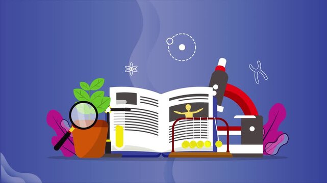 Physics and Life Science Education Animation: Open Textbook with Newton's Cradle, Microscope, and Botanical Icons, Seamless Loop for Academic Research.