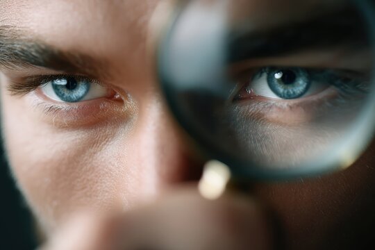 Intense Scrutiny: A man's piercing blue eyes are magnified through a magnifying glass, conveying a sense of intense focus and analytical observation.