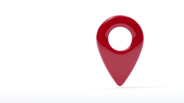 A red glossy 3D geolocation sign or icon rotating on a white background. Space for text.