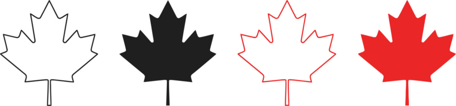 Canada day vector maple leaf set outline solid black red and fill styles