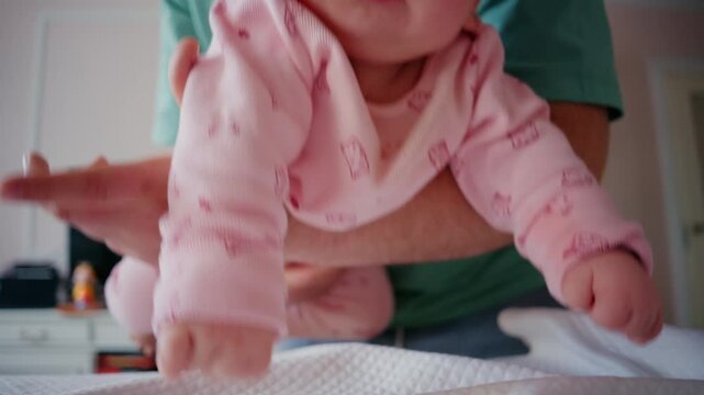 Close up of a baby being gently supported during tummy time on a padded table