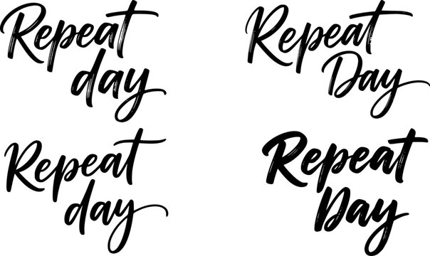 Repeat Day Handwritten Brush Script Stacked Wordmark Font Preview in Four Variations, Bold Cursive Calligraphy Typeface for Logos, Labels, and Branding Design