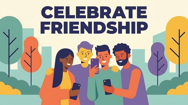 Modern flat illustration of friends taking selfie, bold headline &ldquo;Celebrate Friendship&rdquo;