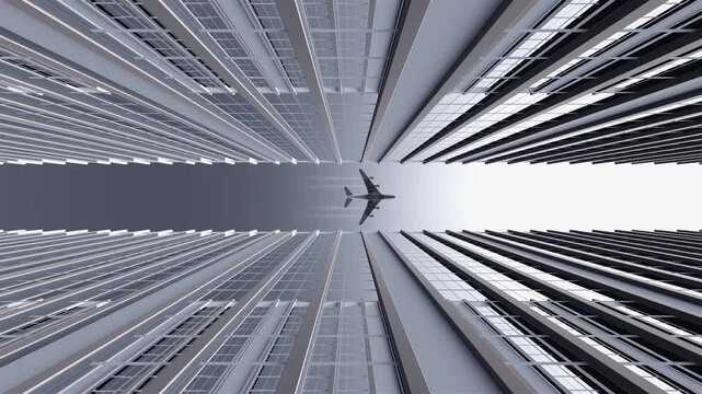 Seamless loop of a passenger airplane flying between two modern skyscrapers. Minimalist 3D animation with symmetrical office buildings and clear sky. Travel, urban architecture and business concept.