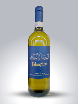 Italy - May 14, 2026: bottle of Falanghina Benevento IGP white wine, produced by  renowned La Guardiense cooperative, a fresh and well-balanced wine from Campania