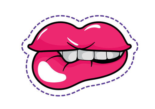 Cute cartoon vector illustration of a biting glossy pink lip mouth expression with white teeth. Kawaii sticker isolated on white background.