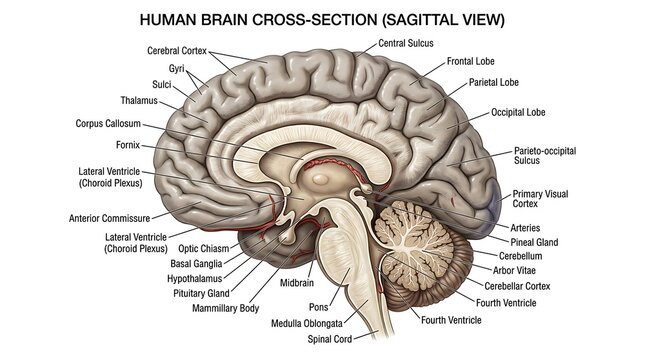 A detailed illustration of a human brain cross-section in sagittal view