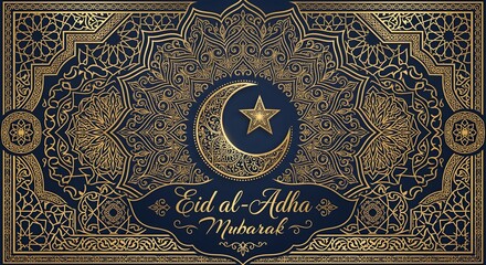 Naklejka premium Intricate Vintage Gold Arabesque Pattern Background with Eid Al-Adha Mubarak Calligraphy on Deep Blue Surface
