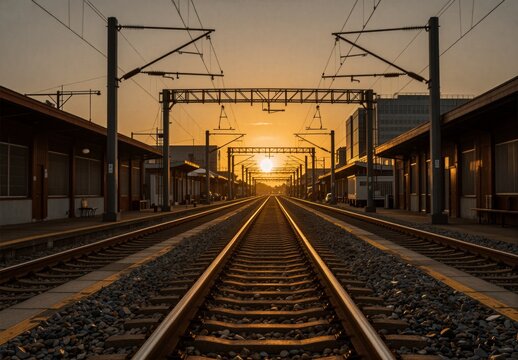 Railway tracks receding into the sunset at a modern train station platform