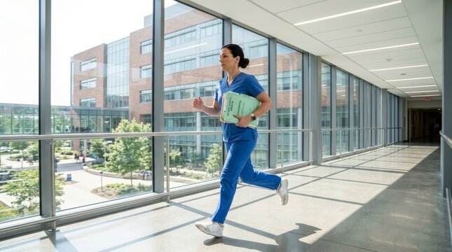 Female surgeon with medical reports running in corridor at hospital. Dedicated female nurse in blue scrubs running with medical charts along a modern glass-walled hospital corridor with copy space