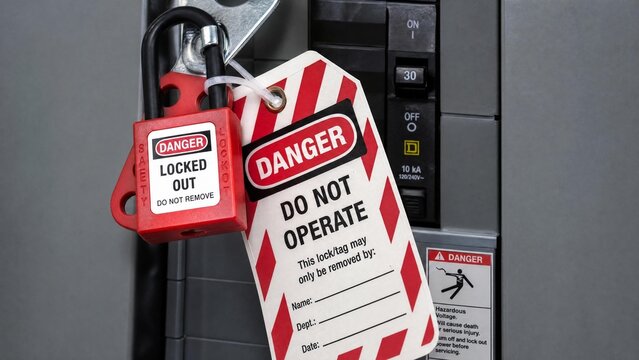 Industrial Safety Lockout Tagout (LOTO) with Red Padlock and Warning Tag on Electrical Panel