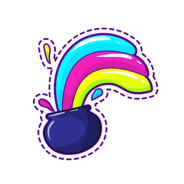 Vector illustration of a dark cauldron pot with a vibrant fluid rainbow fountain splashing out. Cute cartoon sticker icon with a dashed cut line isolated on a white background.