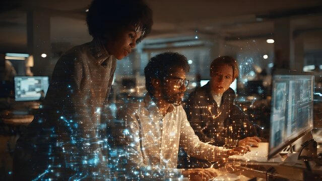 &Eacute;quipe travaillant avec une interface holographique d'intelligence artificielle dans un bureau moderne
