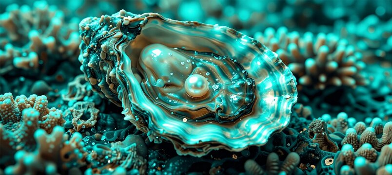 Precious white pearl inside an open oyster shell on a teal coral reef