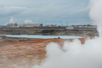 Fototapeta premium Geothermal power station in Gunnuhver, an active geothermal area of hot springs, mud pools and fumaroles on the southwestern tip of the Reykjanes Peninsula in Iceland, Europe
