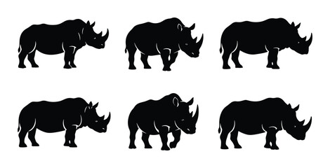 Six Silhouette Rhinos, Wildlife Animal Vector Icons, African Safari Mammal Graphics, Black and White Nature Illustrations © Shilpi