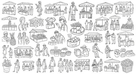 Naklejka premium Collection of Market Stall Illustrations People Shopping and Selling.
