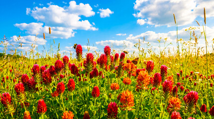 Obraz premium Crimson Clover Field with Blue Sky and Clouds