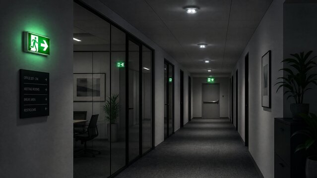 Dark Modern Office Corridor with Glowing Green Emergency Exit Signs at Night
