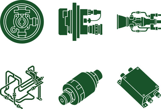 Satellite refueling icon set for space operations with fuel valve and nozzle